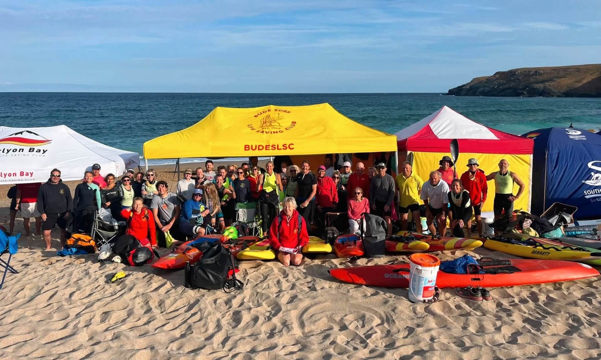 Bude Surf Life Saving Club's masters team on Holywell Bay beach