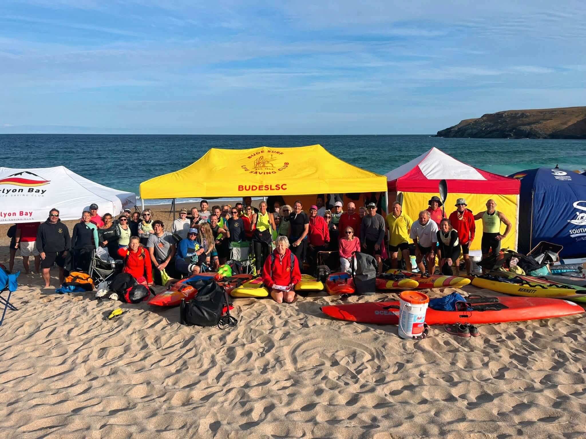 Bude Surf Life Saving Club's masters team gathered on the beach with their kit