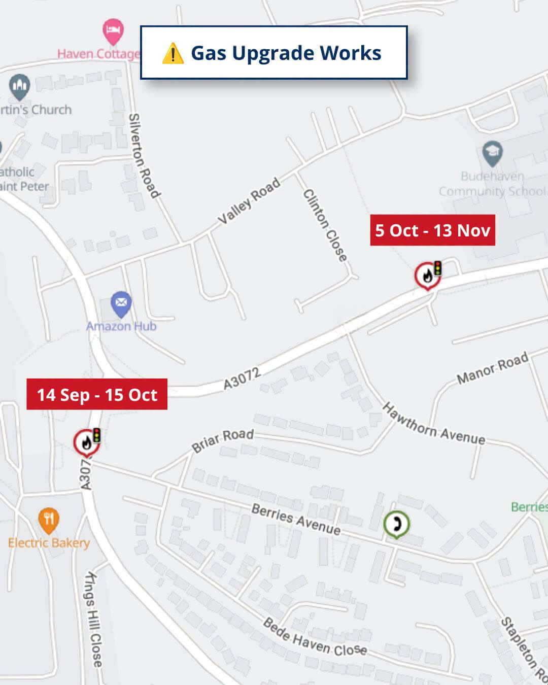 Map showing gas works locations and dates on Bude roads