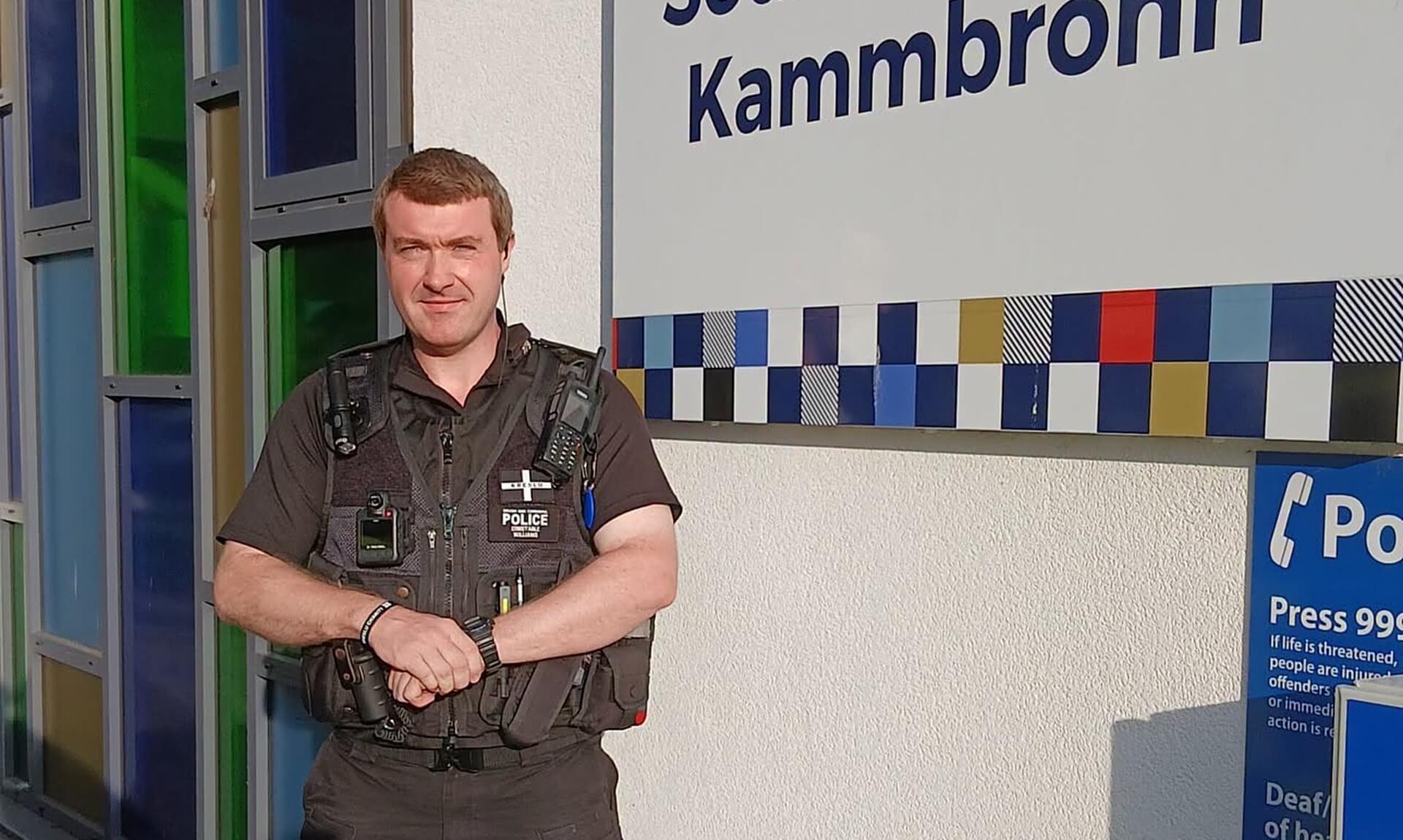 PC Williams, a student officer, standing outside Camborne Police Station