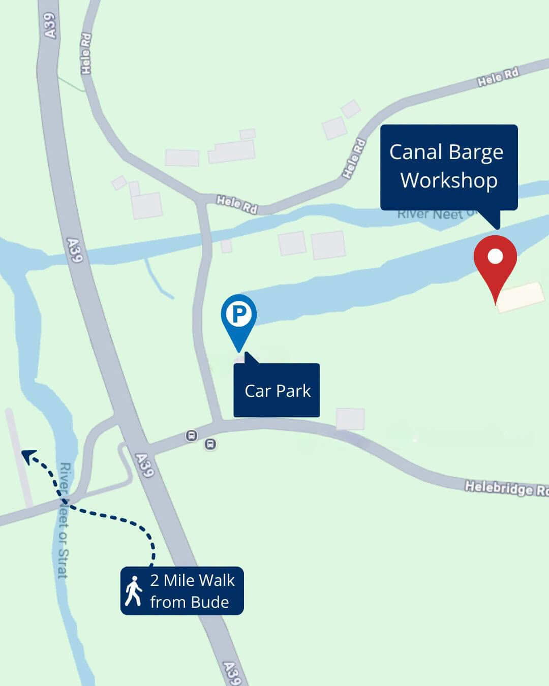 Map showing the walk and car park to the Canal Barge Workshop at Helebridge
