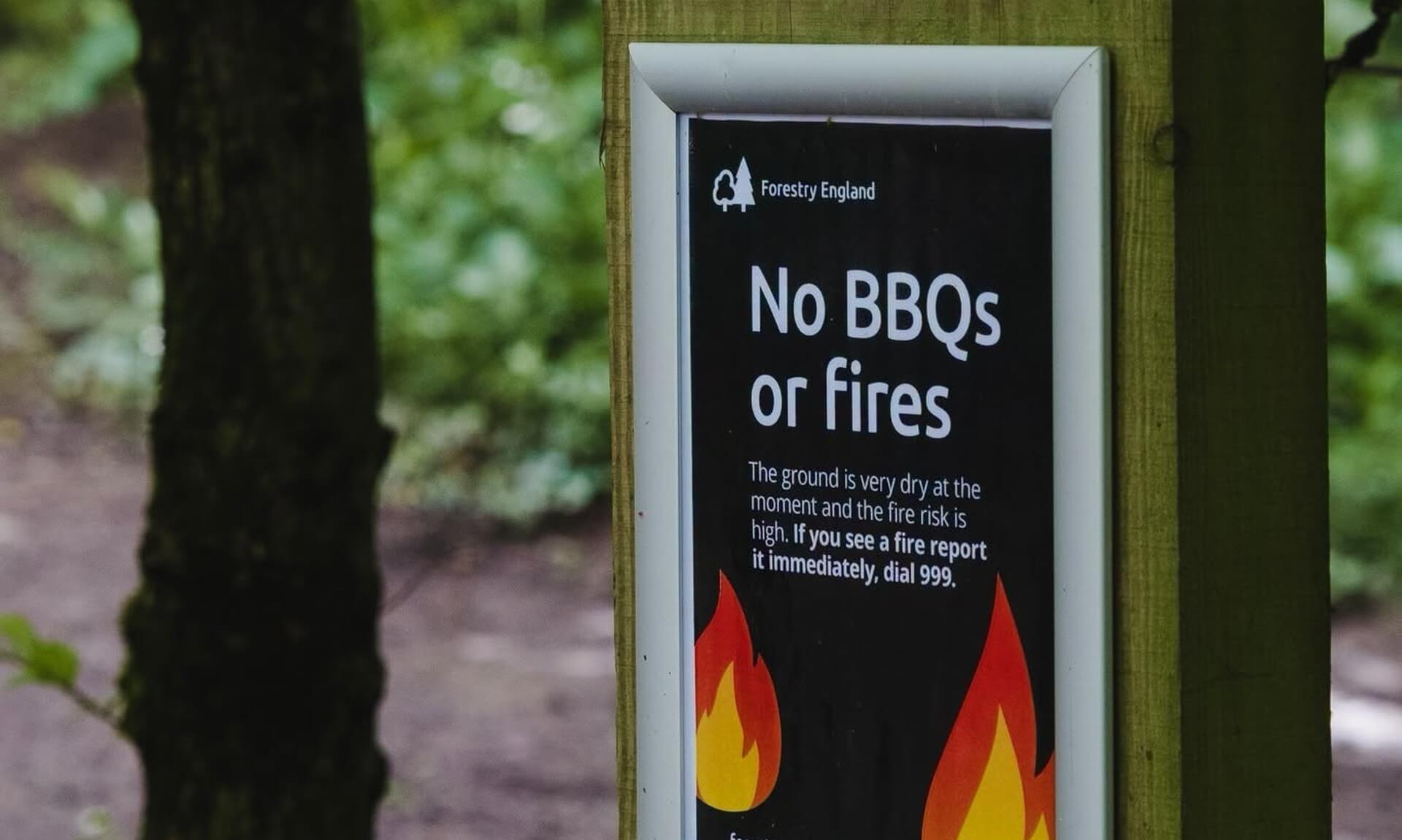 Forestry England No BBQs or fires sign on a post in the woodland at Cardinham Woods