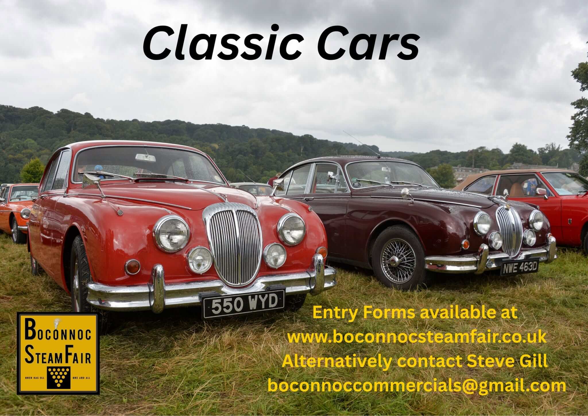 Classic Jaguar and Daimler saloons on display at Boconnoc Steam Fair