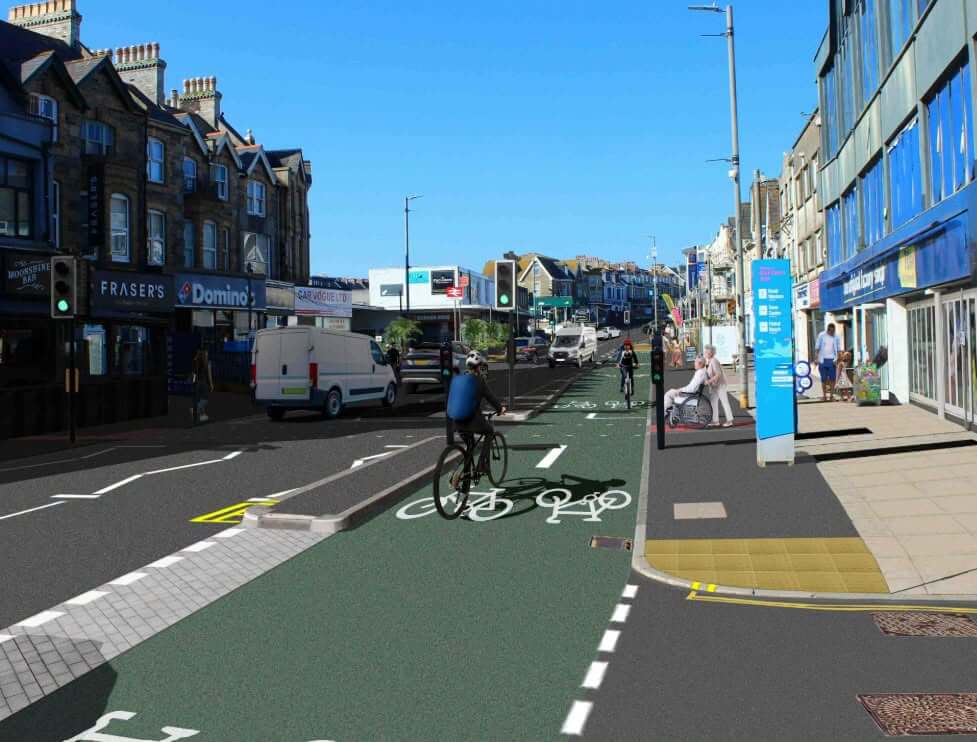 Cornwall Council visualisation of the Cliff Road scheme in Newquay showing the new cycle route and public realm