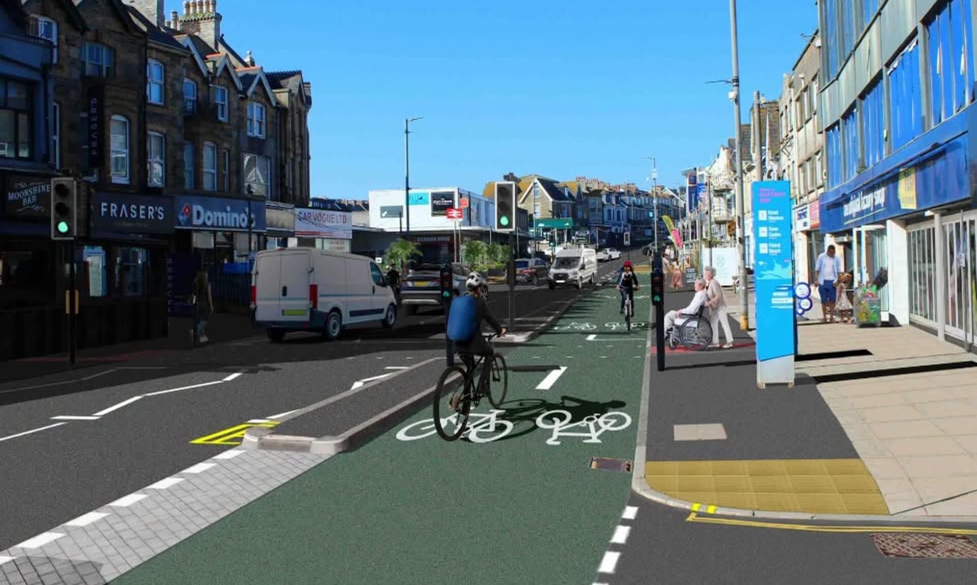 Visualisation of the improved Cliff Road in Newquay with a green cycle lane, wider footways and a cyclist