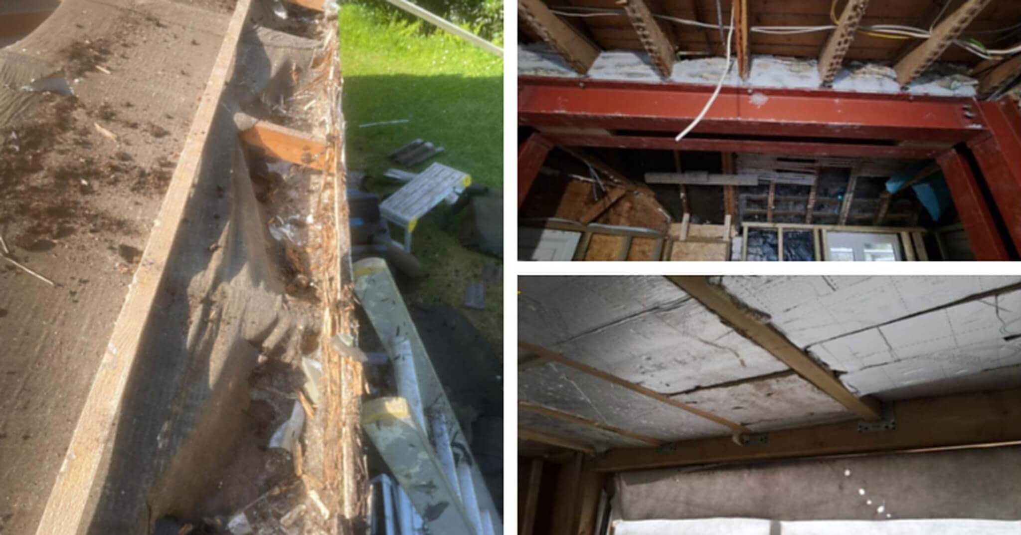 Collage of substandard building work including an upside-down steel beam, rotten timber fascia and sagging insulation boarding