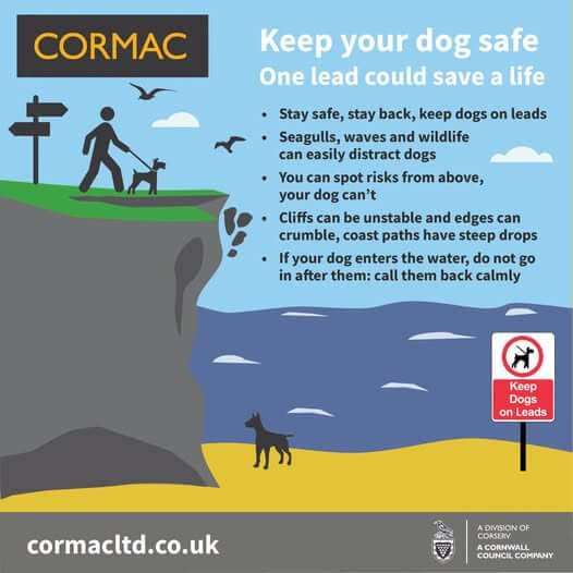 Cormac graphic warning dog owners to keep dogs on leads near Cornwall's cliffs and coast paths