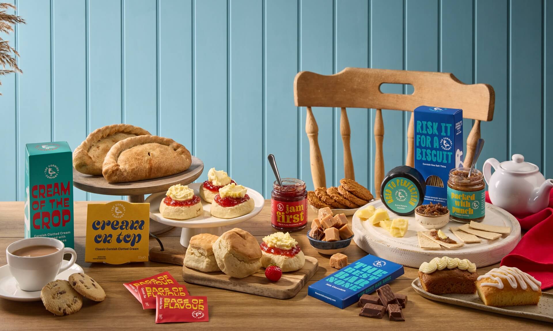 The Cornish Company's rebranded afternoon tea and hamper range on a table