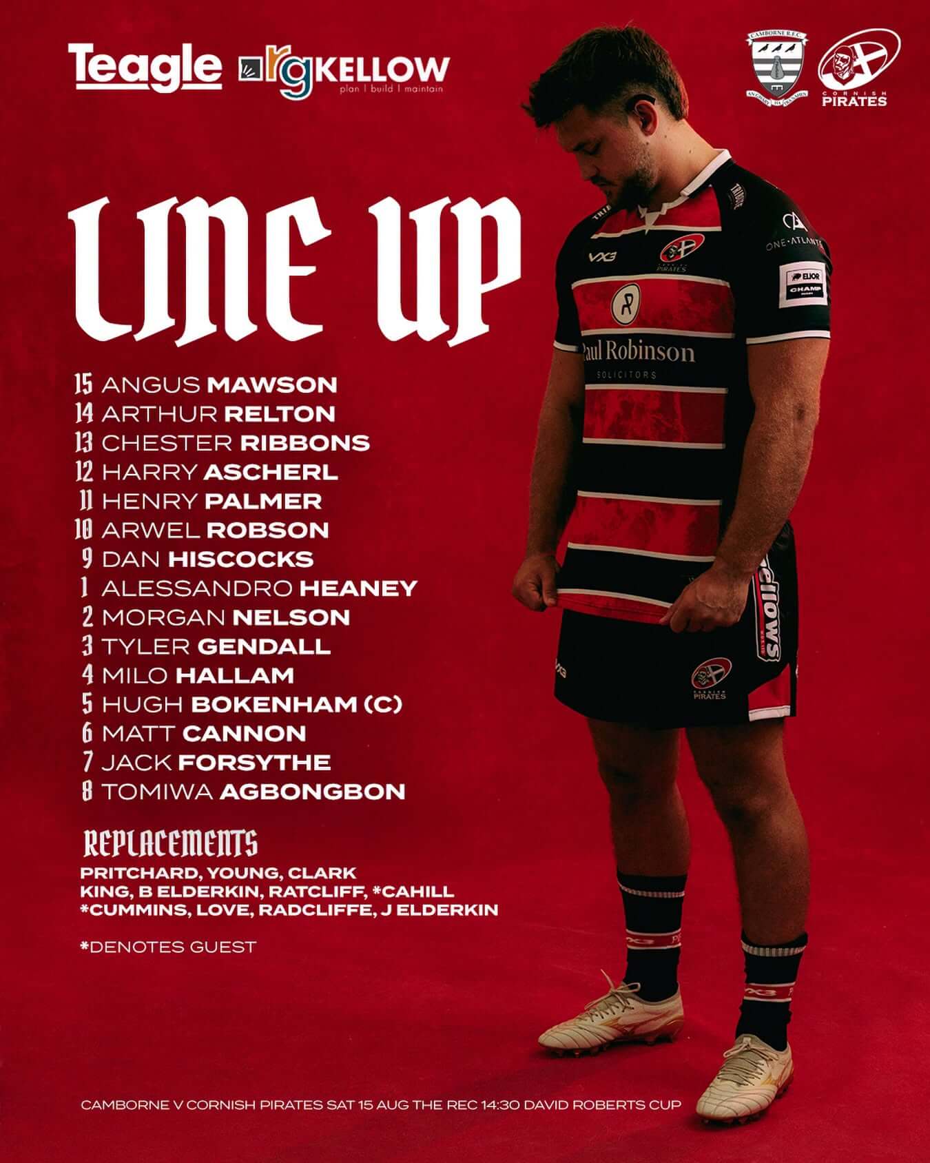 Cornish Pirates team line-up graphic for the match at Camborne on Saturday 15 August