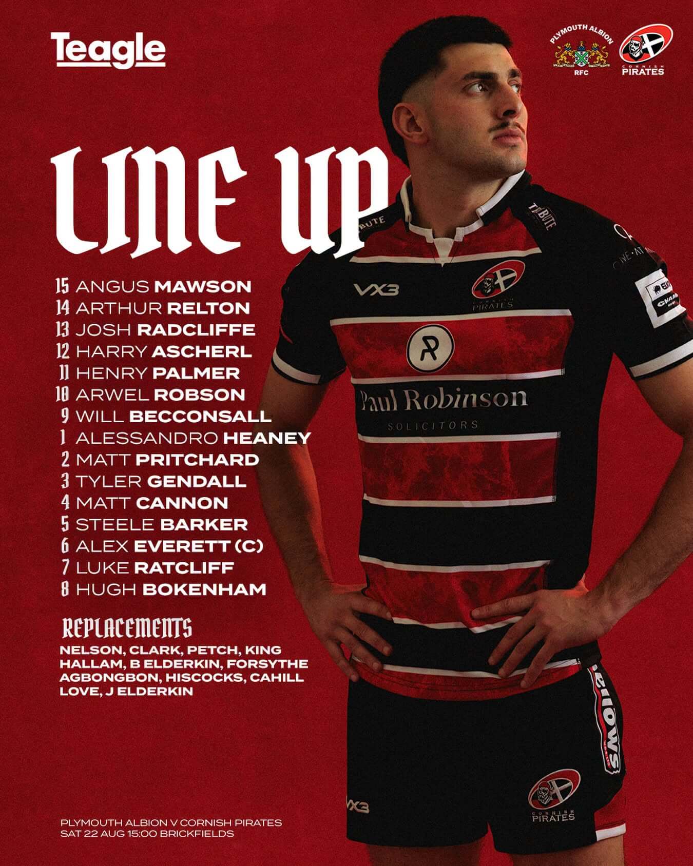 Cornish Pirates line-up graphic ahead of the Plymouth Albion match