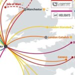 Cornwall Airport Newquay 2026 route map showing flight paths from Newquay across the UK and Europe