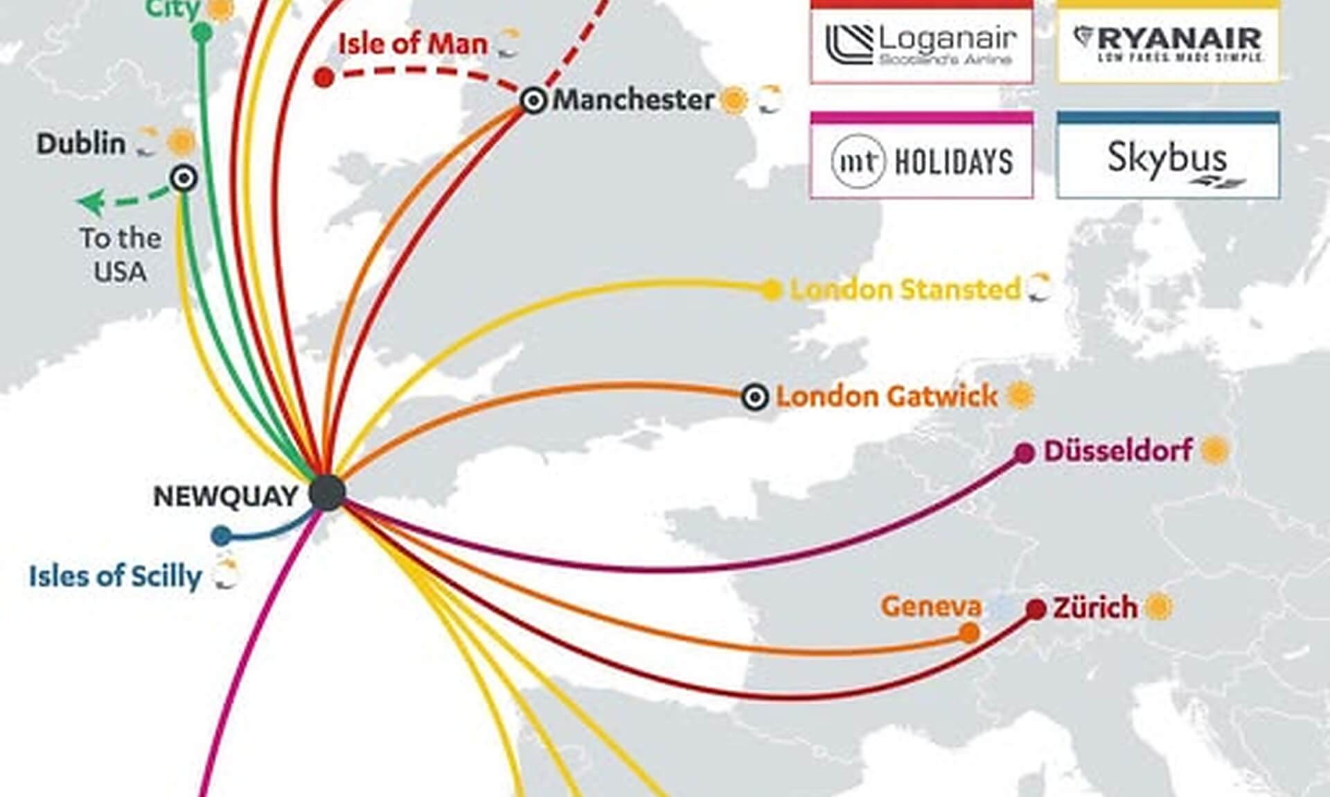 Cornwall Airport Newquay 2026 route map showing flight paths from Newquay across the UK and Europe
