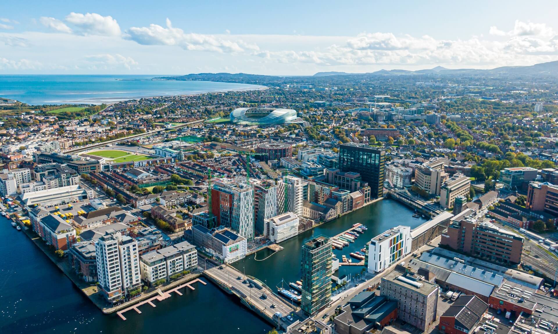 Aerial view of Dublin with the Aviva Stadium, Grand Canal Dock and Dublin Bay