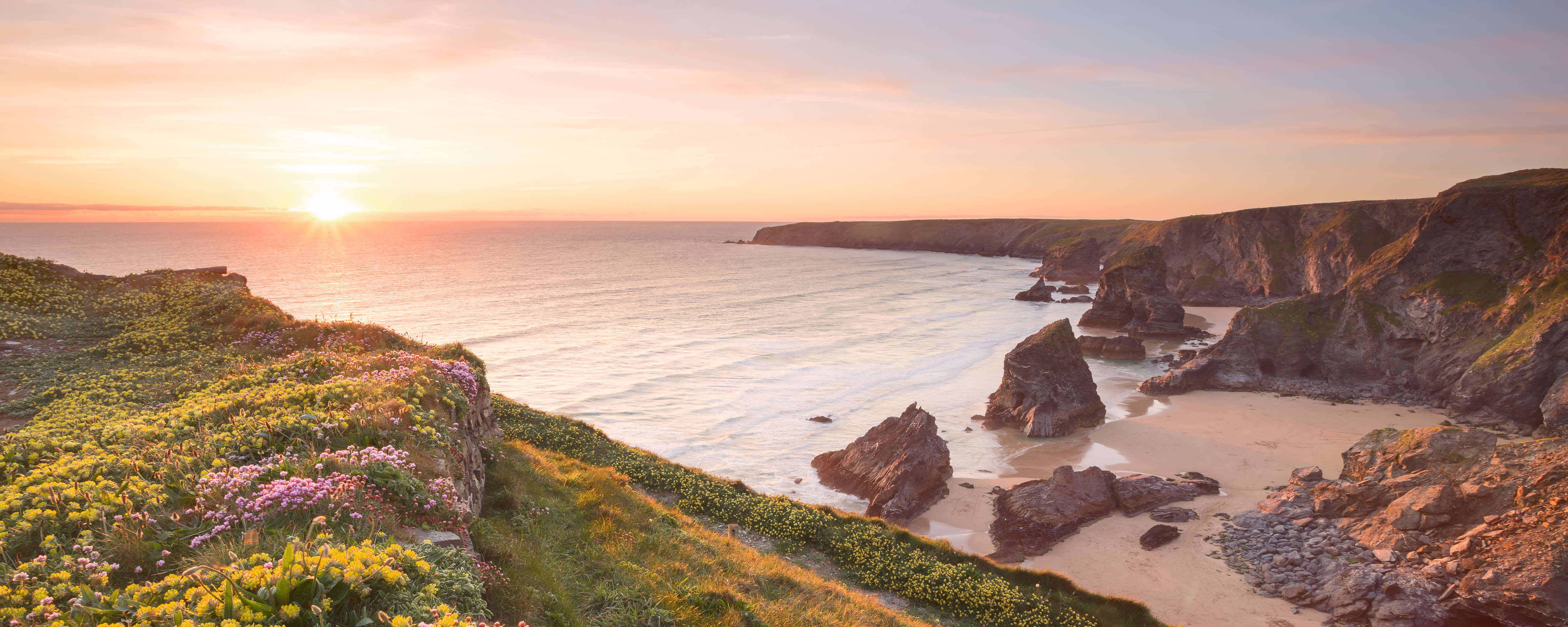 Sunset over a Cornish beach with sea stacks and clifftop wildflowers