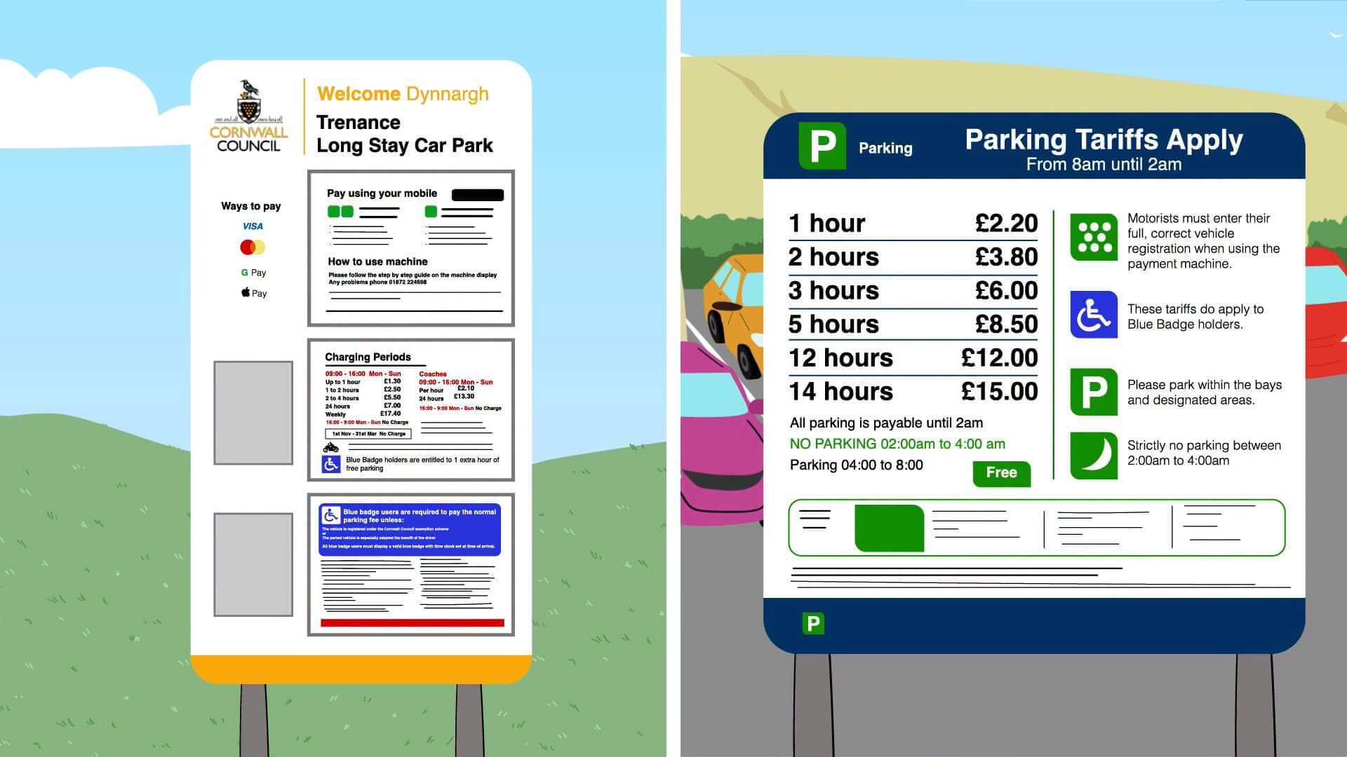 Cornwall Council car park signage showing parking tariffs and the Blue Badge free hour concession