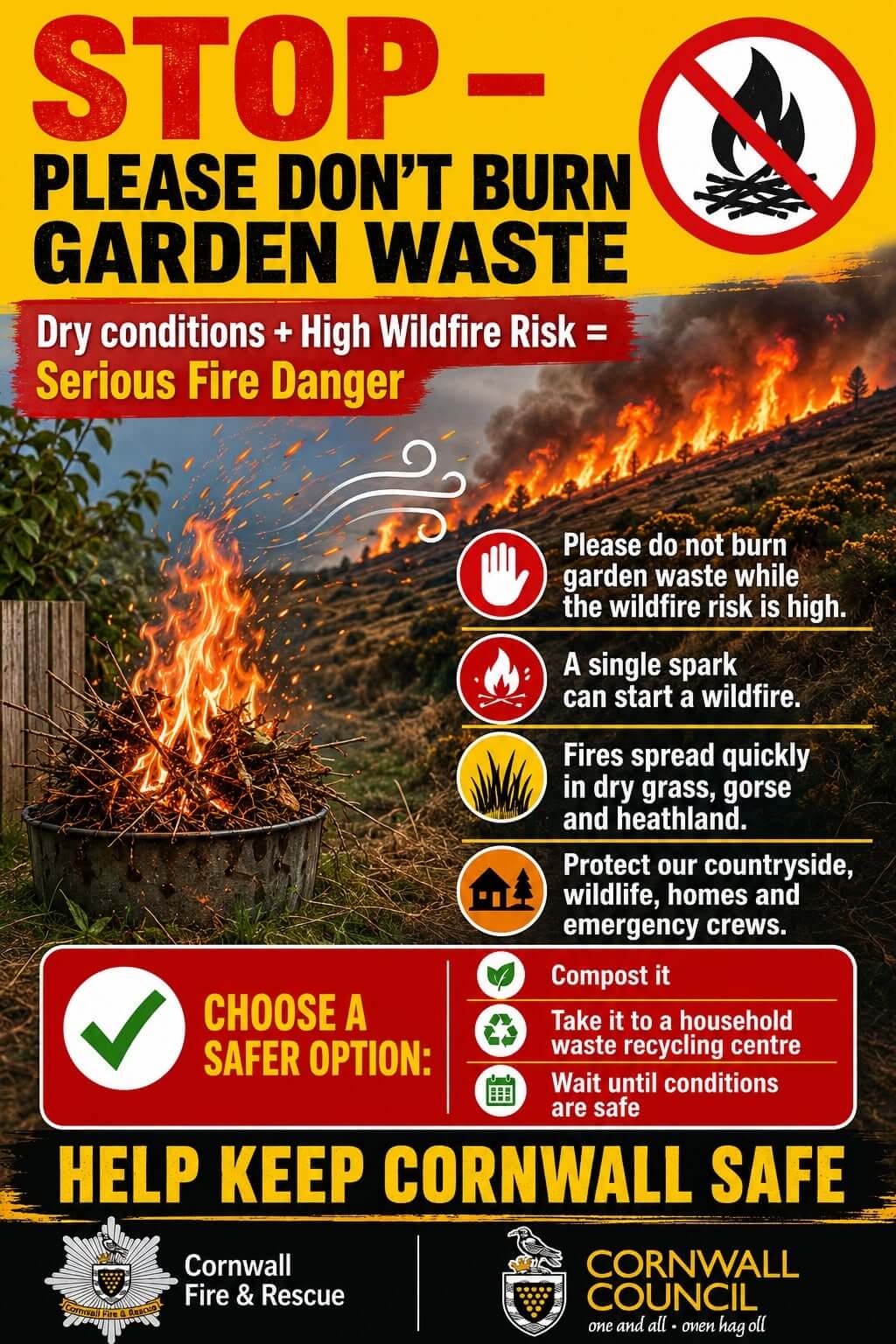 Cornwall Fire and Rescue Service and Cornwall Council poster reading Stop, please don't burn garden waste