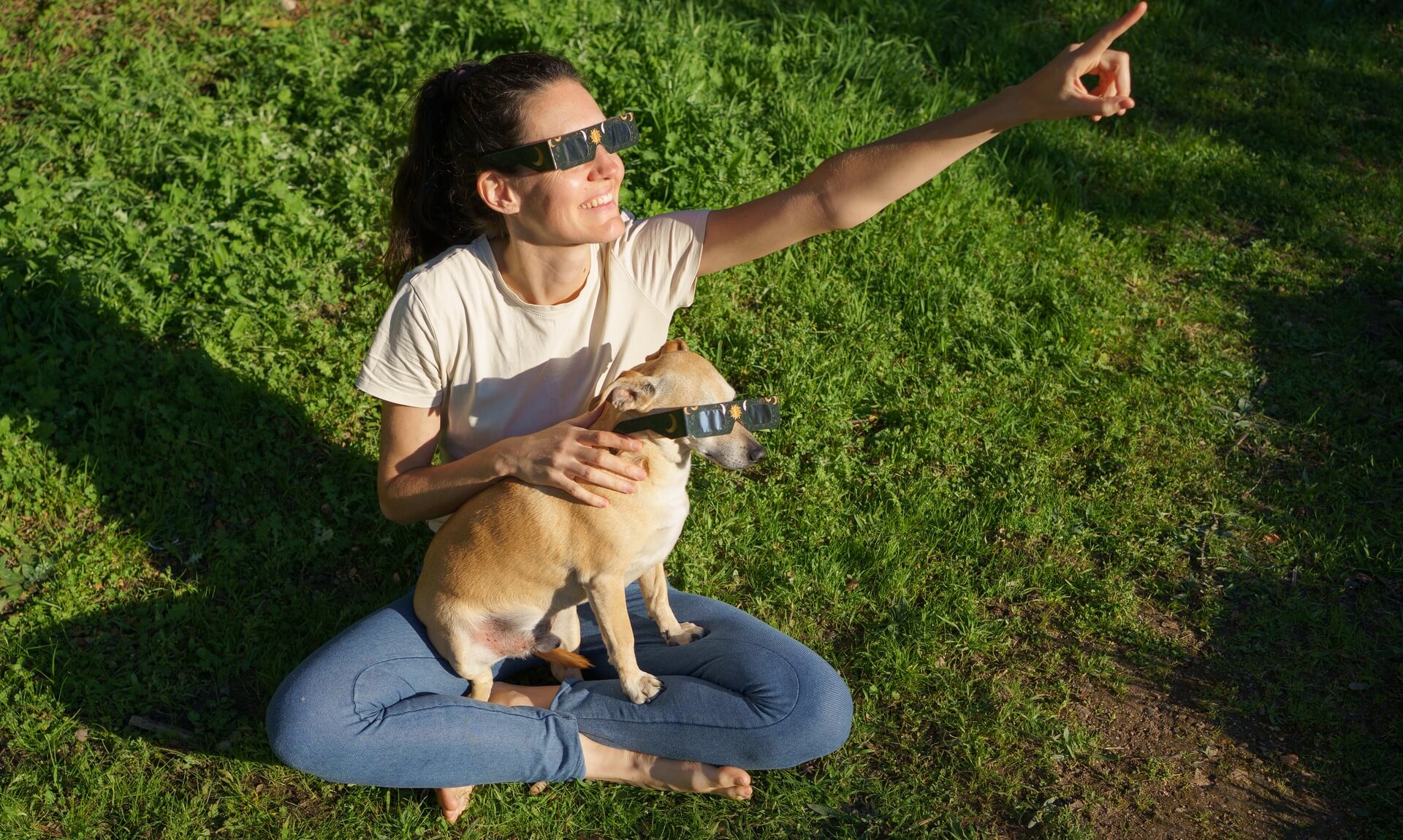 Woman and dog both wearing solar eclipse glasses and looking up at the sky on a grassy lawn