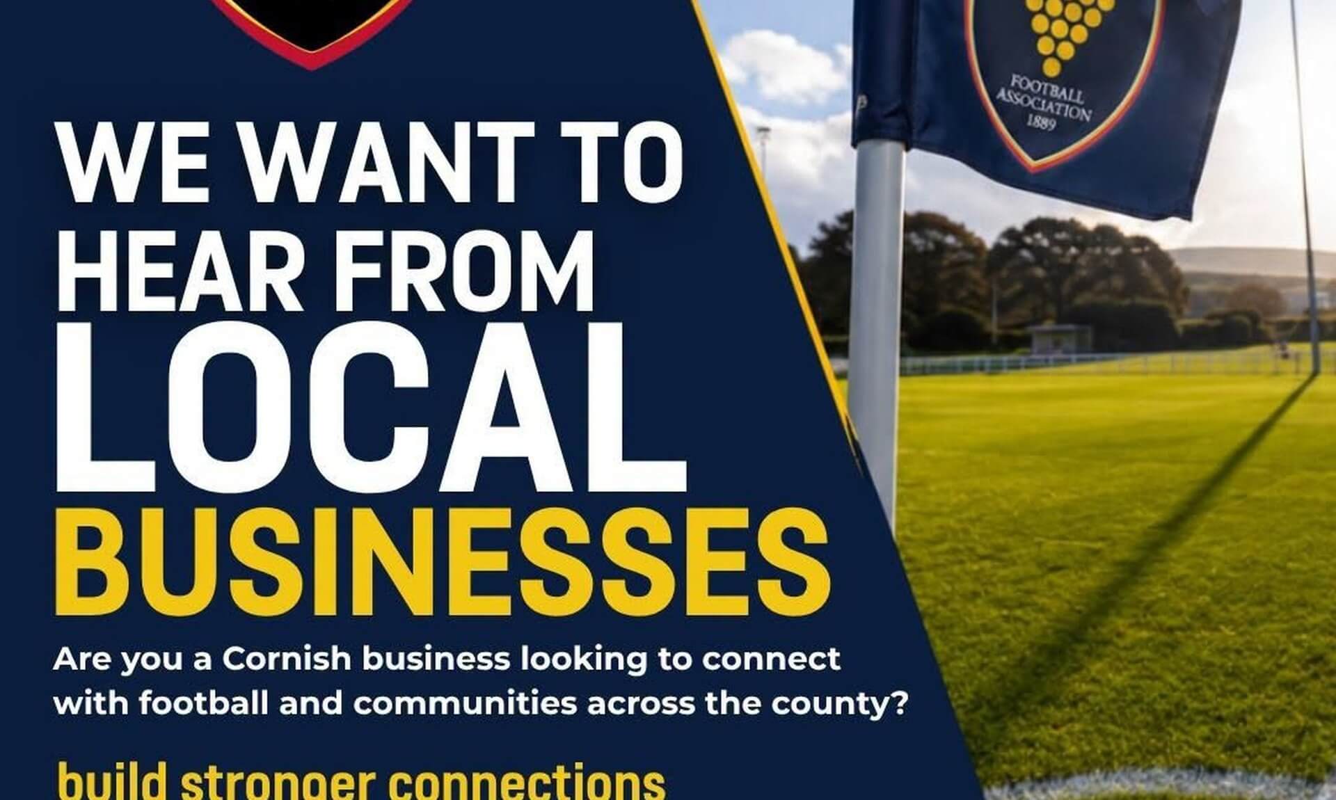 Cornwall Football Association corner flag on a pitch, promoting its call for local business partners