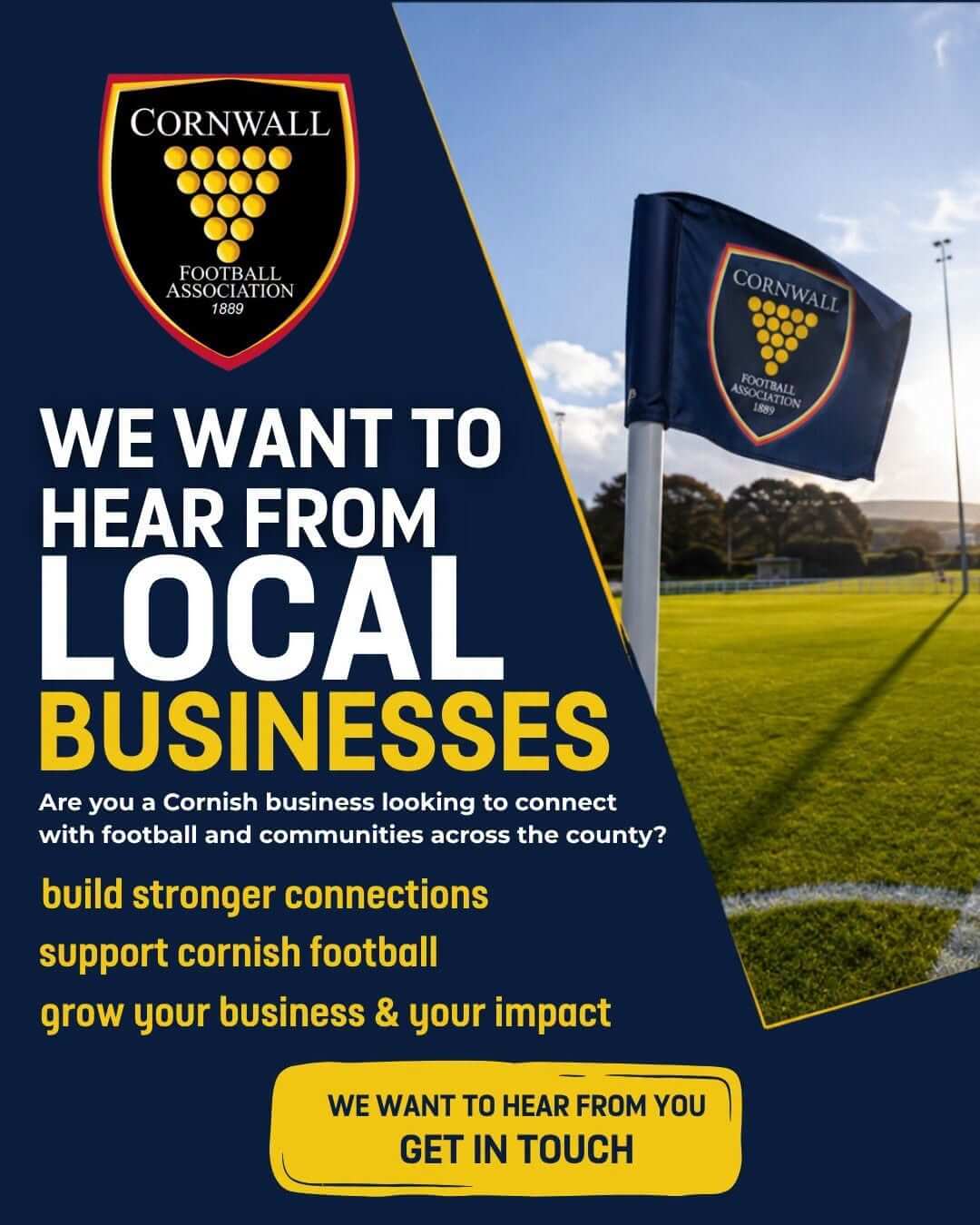 Cornwall Football Association graphic inviting local businesses to get in touch