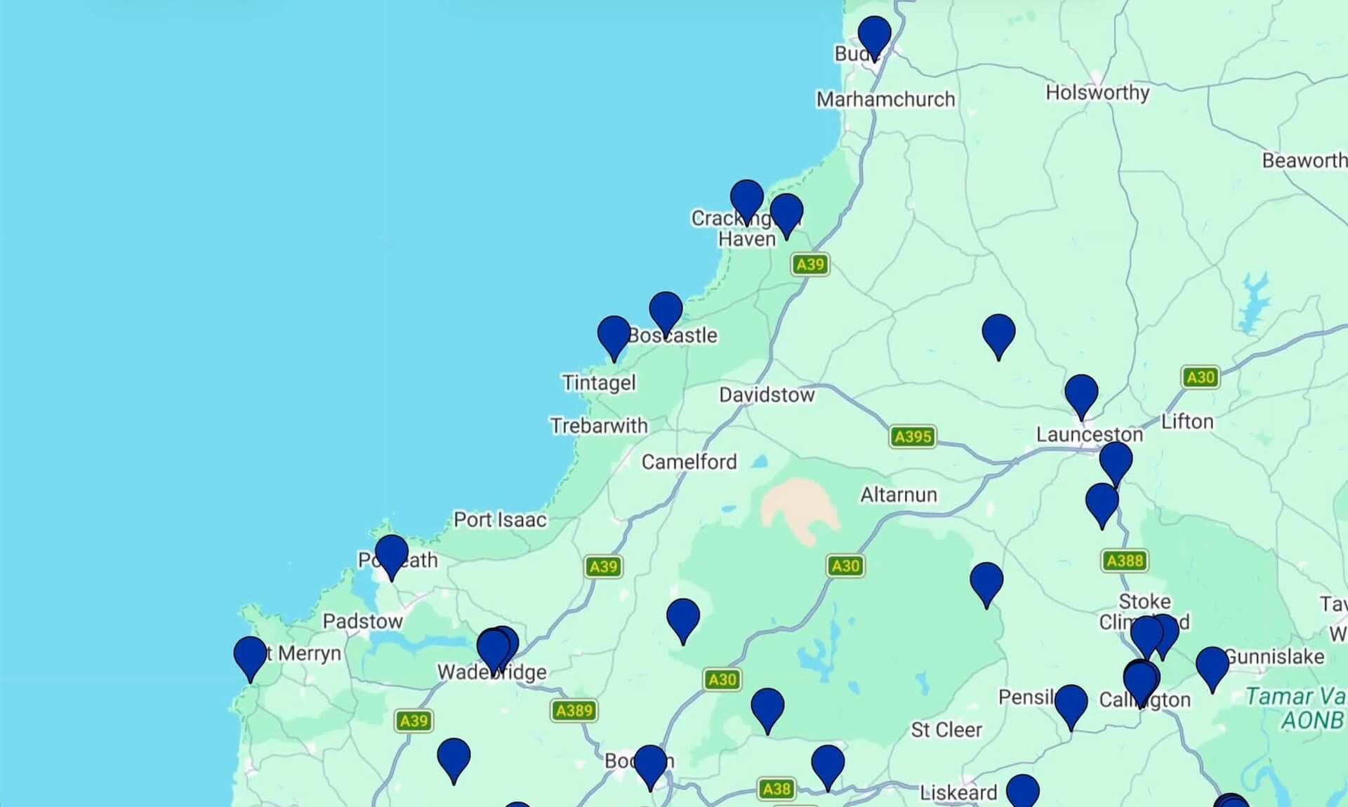 Map of north Cornwall dotted with blue pins marking confirmed House Martin nest sites