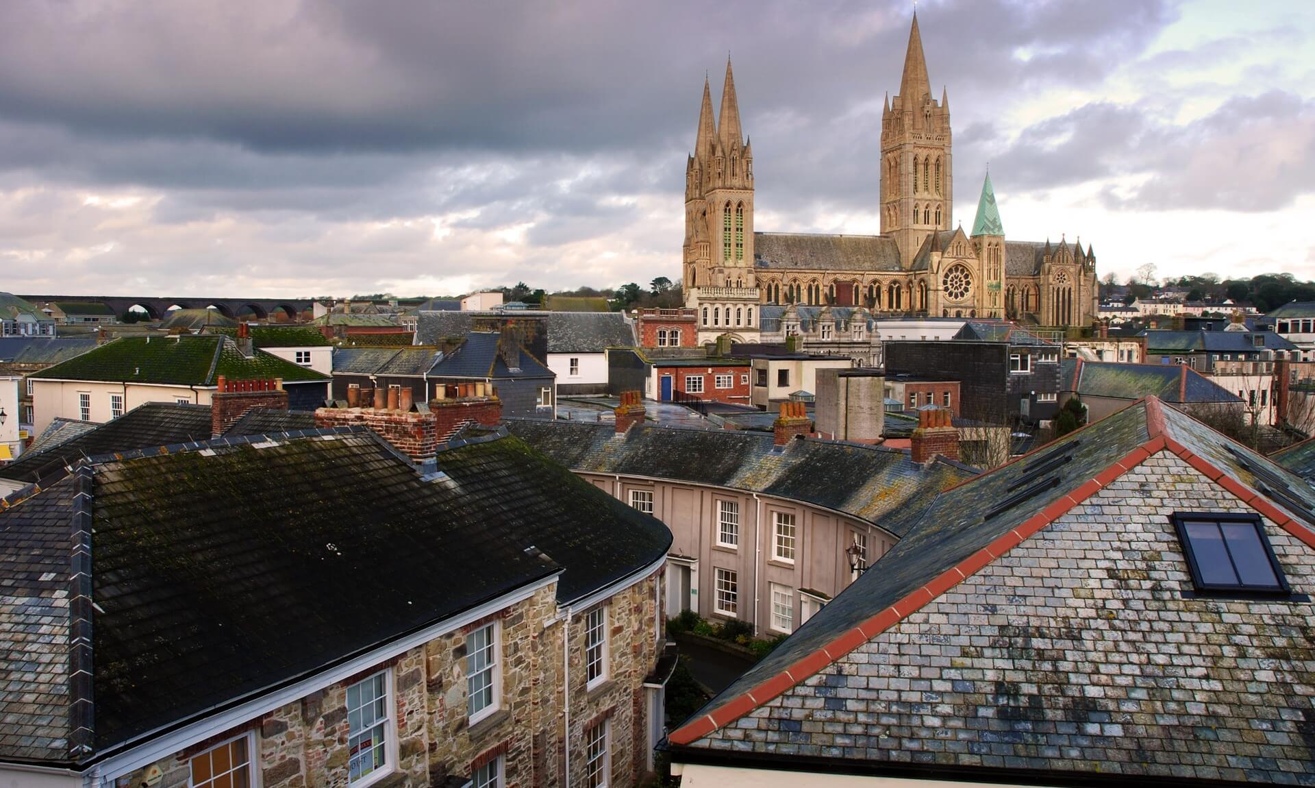 Truro Cathedral rising above rooftops in Cornwall