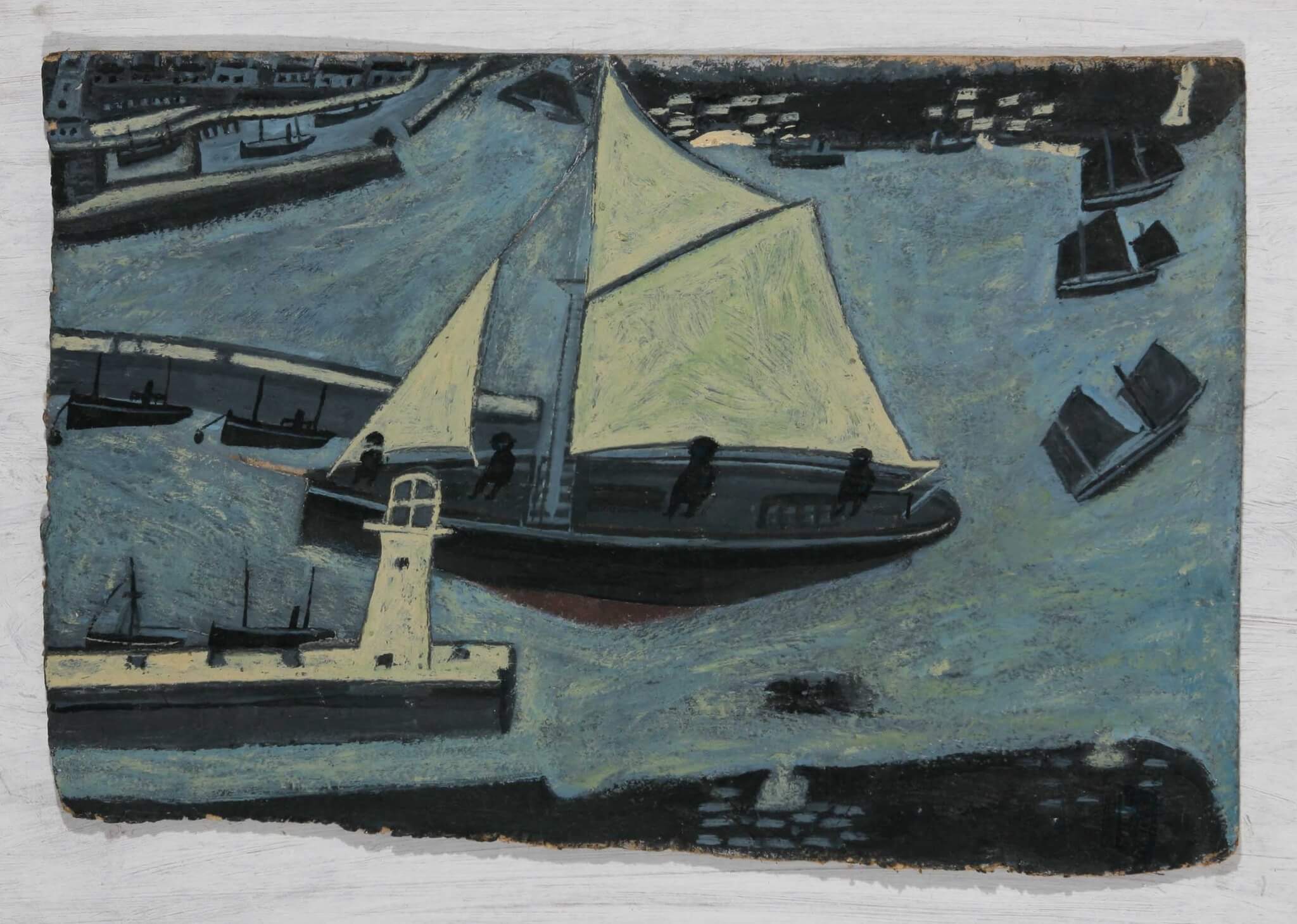 Penzance Harbour Entrance by Alfred Wallis, painting of boats and a lighthouse