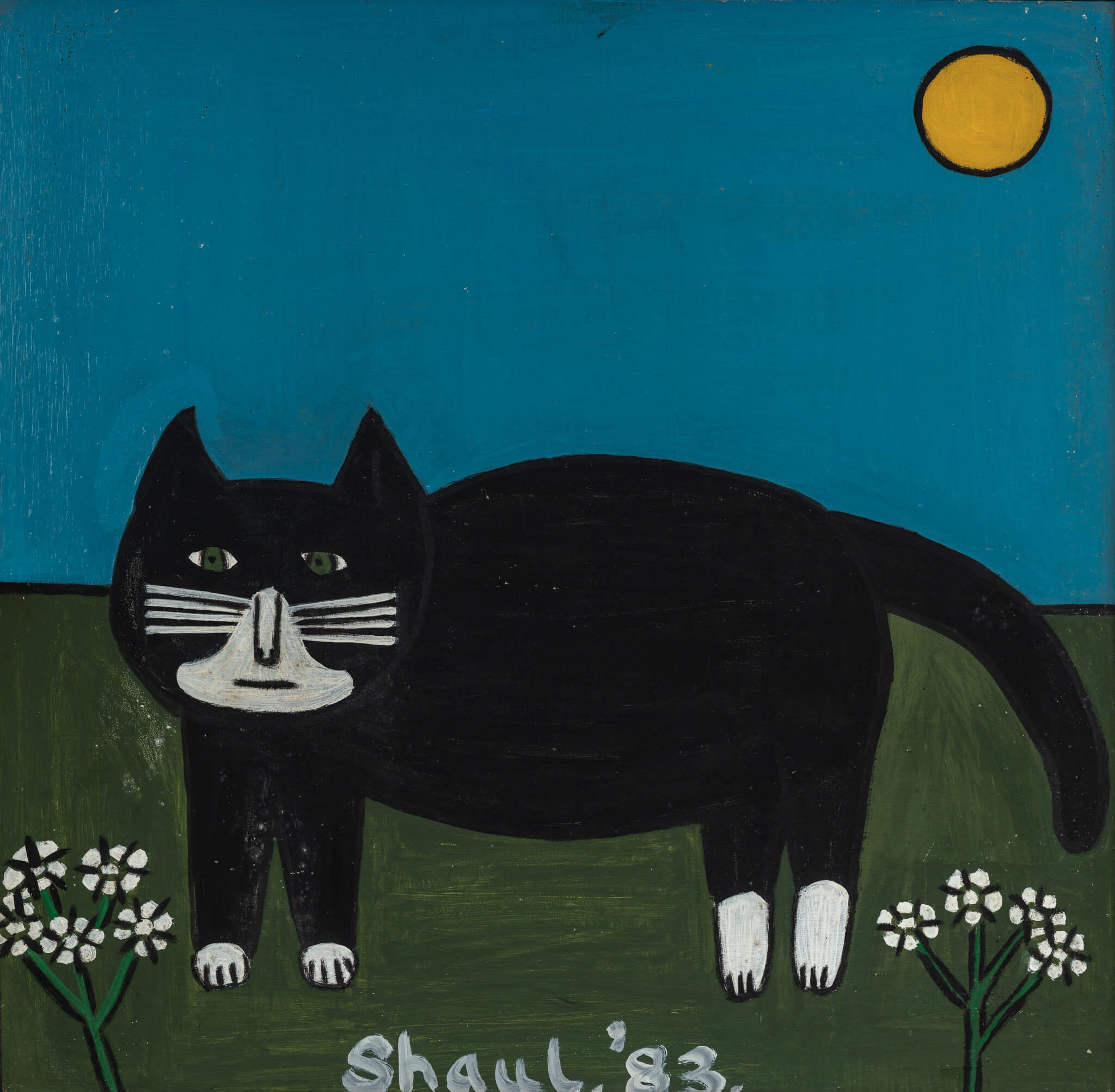 Tom Cat by Terry Shaul, painting of a black and white cat under a yellow moon