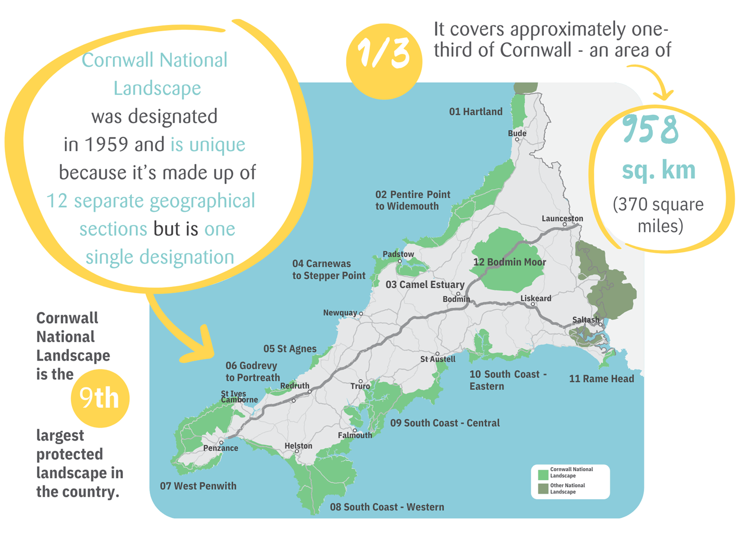 Map of Cornwall showing the 12 sections of Cornwall National Landscape