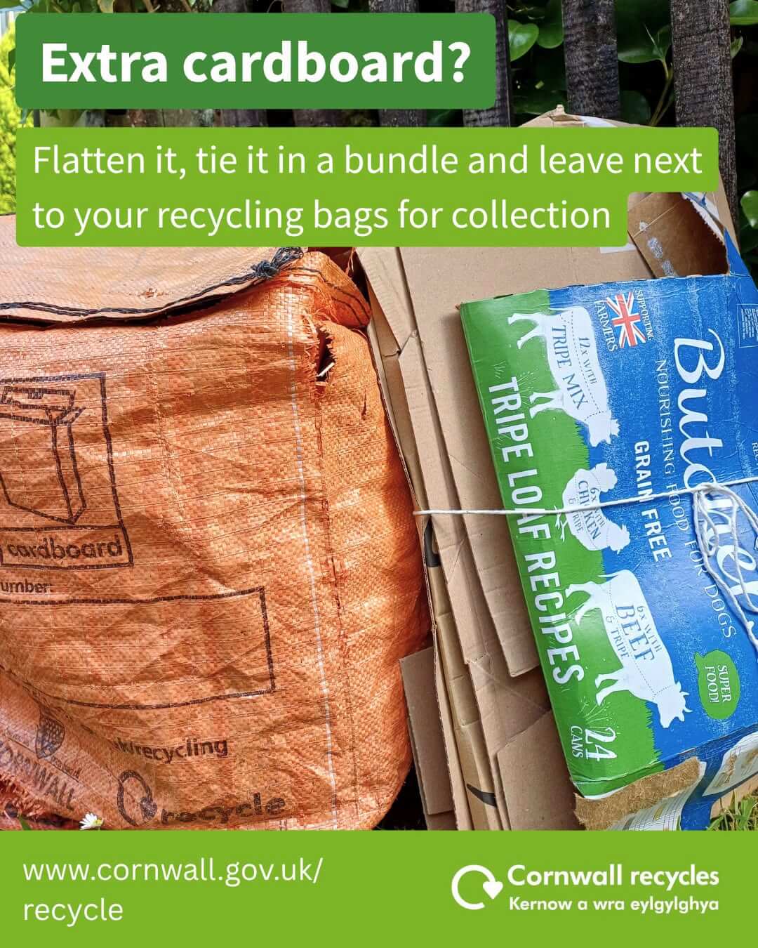 Cornwall Council graphic showing how to bundle extra cardboard for recycling