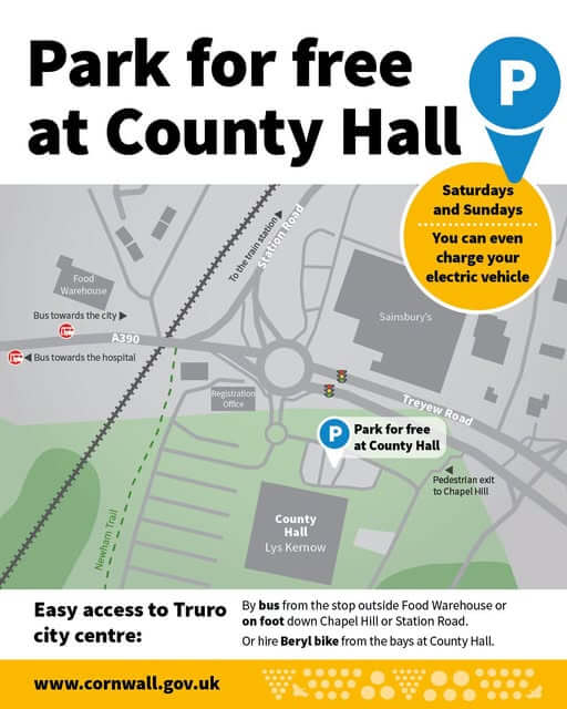 Cornwall Council map showing free weekend parking at County Hall in Truro, with bus stops, the A390 roundabout and routes into the city centre