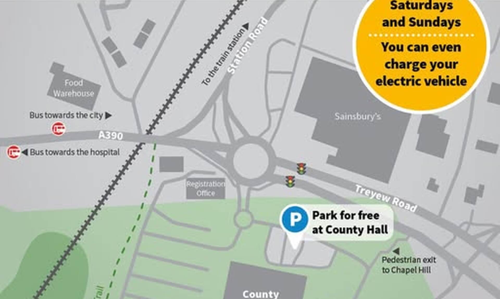 Cornwall Council map showing free weekend parking at County Hall in Truro