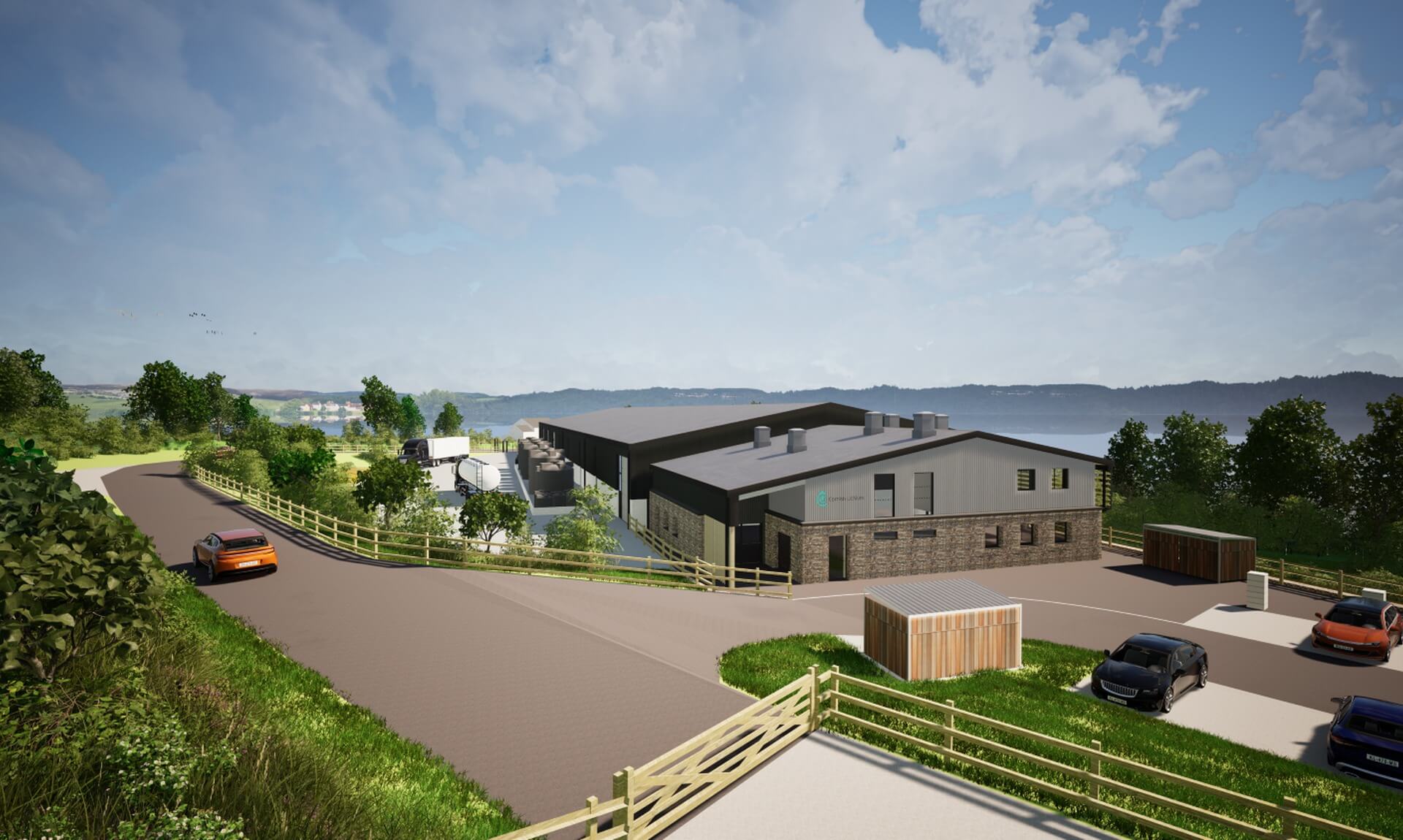 Digital rendering of the Cross Lanes Geothermal Lithium Project facility above a Cornish estuary