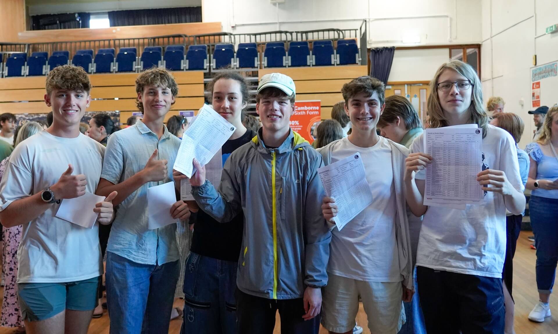 Camborne Science and International Academy students celebrating GCSE results with a large silver number 9 balloon