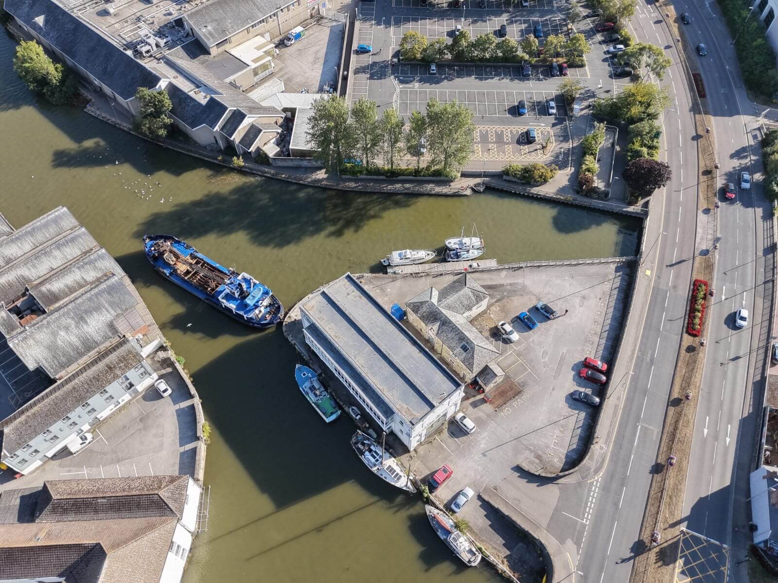 Aerial view of the Truro River, harbour office and the Mannin