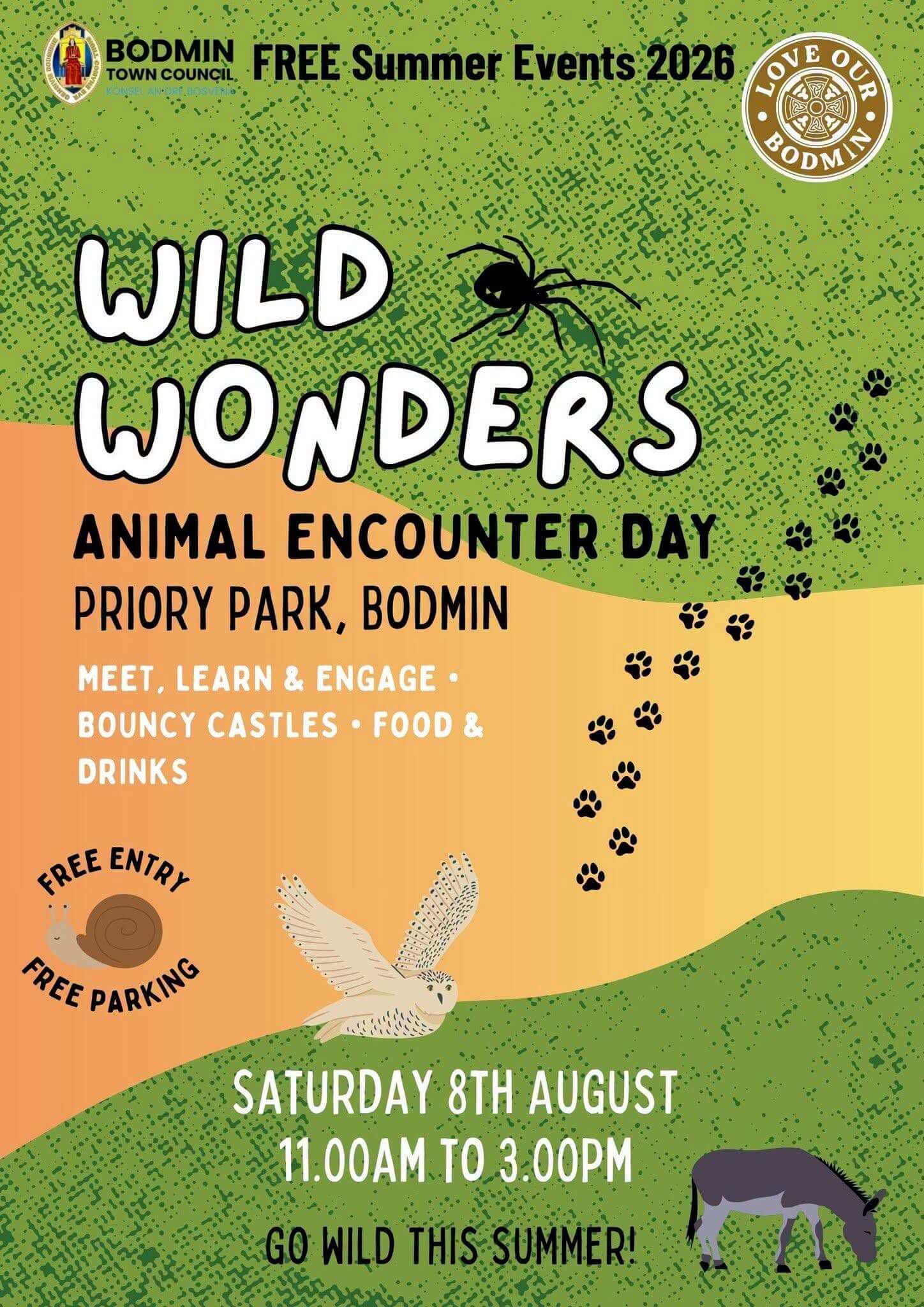 Wild Wonders Animal Encounter Day poster for Priory Park, Bodmin on Saturday 8 August