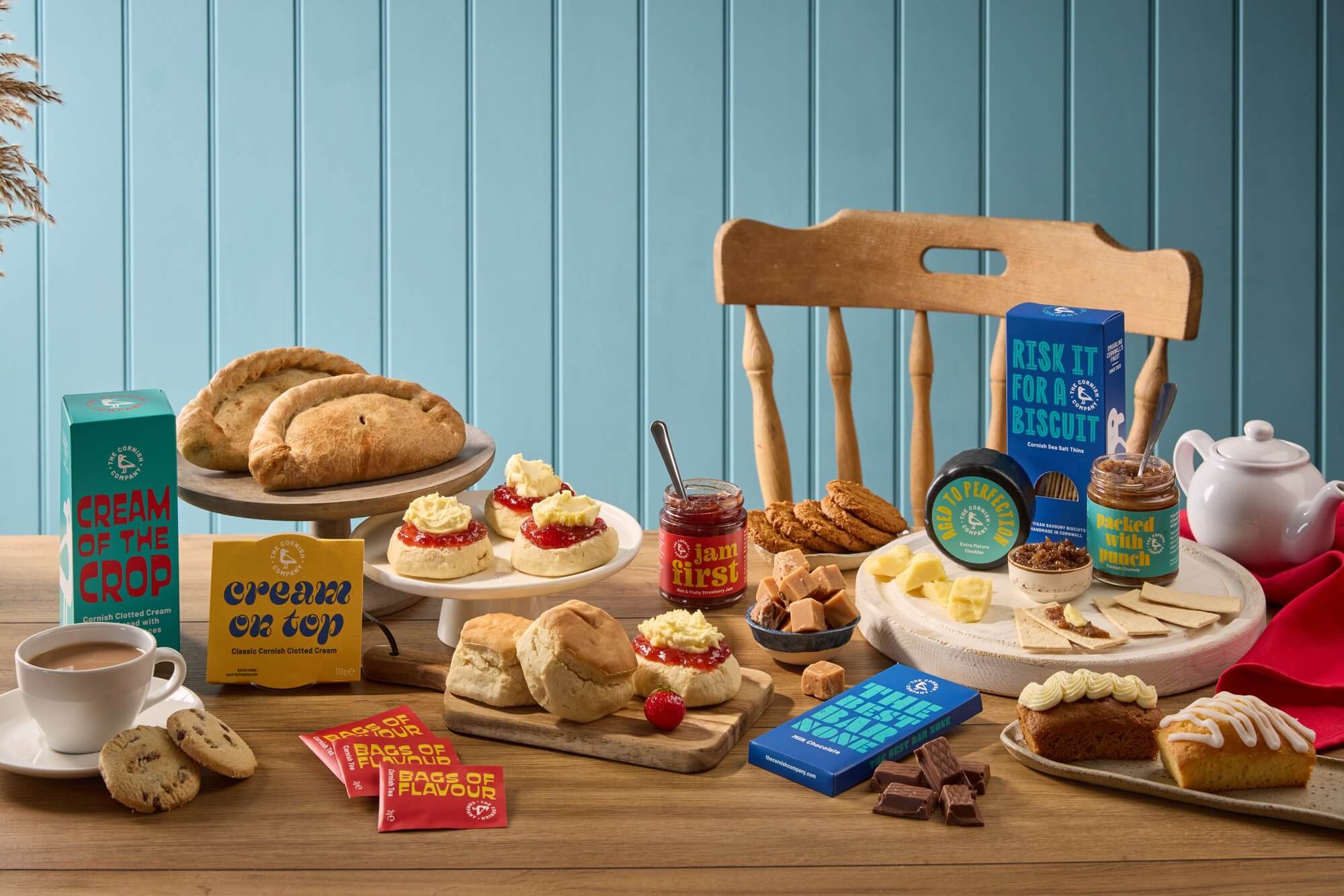 The Cornish Company's full rebranded product range including pasties, scones, cheese and chutney