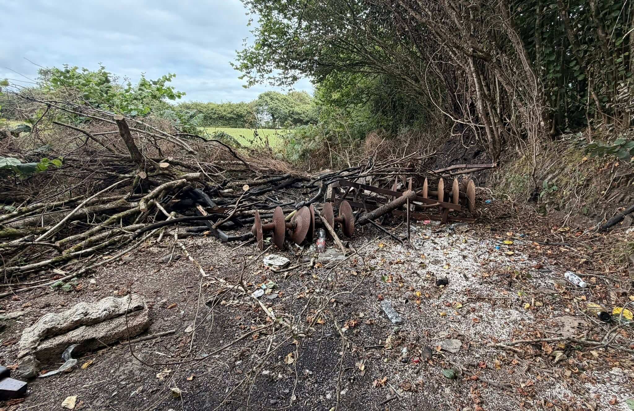 A rusted disc harrow and burnt ground littered with debris