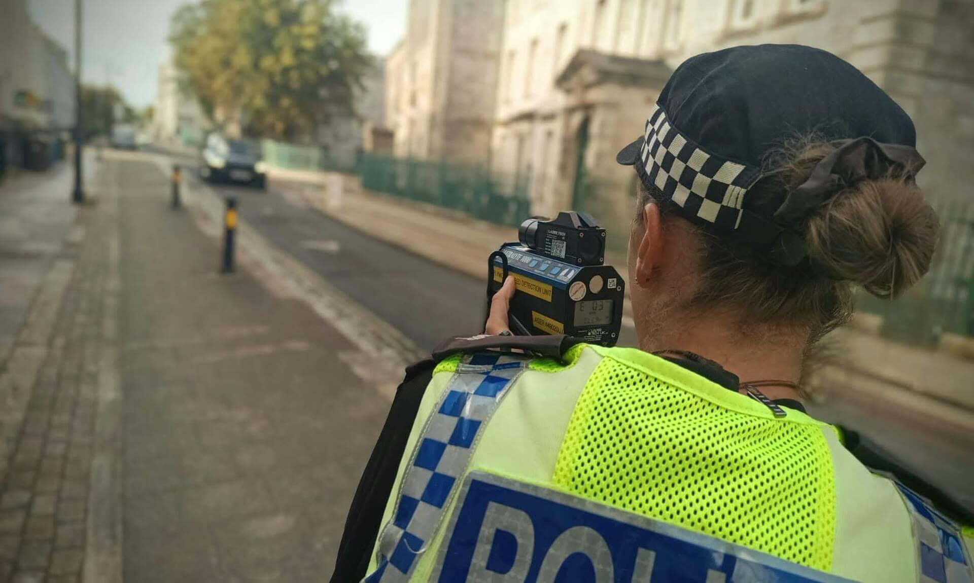 Devon and Cornwall Police officer using a speed detection unit during Operation Hyssop