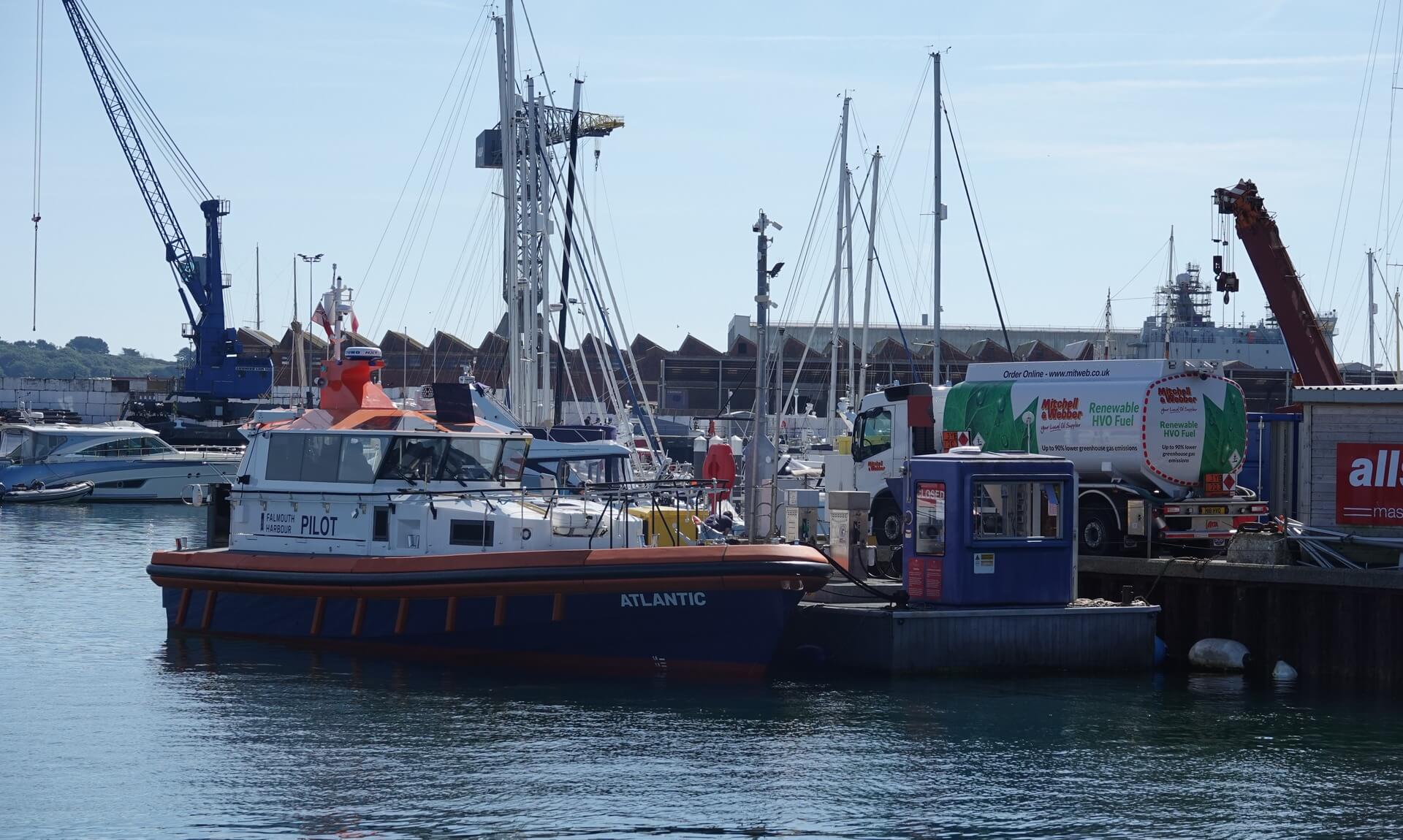 Falmouth Harbour's Pilot Boat Atlantic moored at the new HVO fuel berth next to a Mitchell and Webber tanker