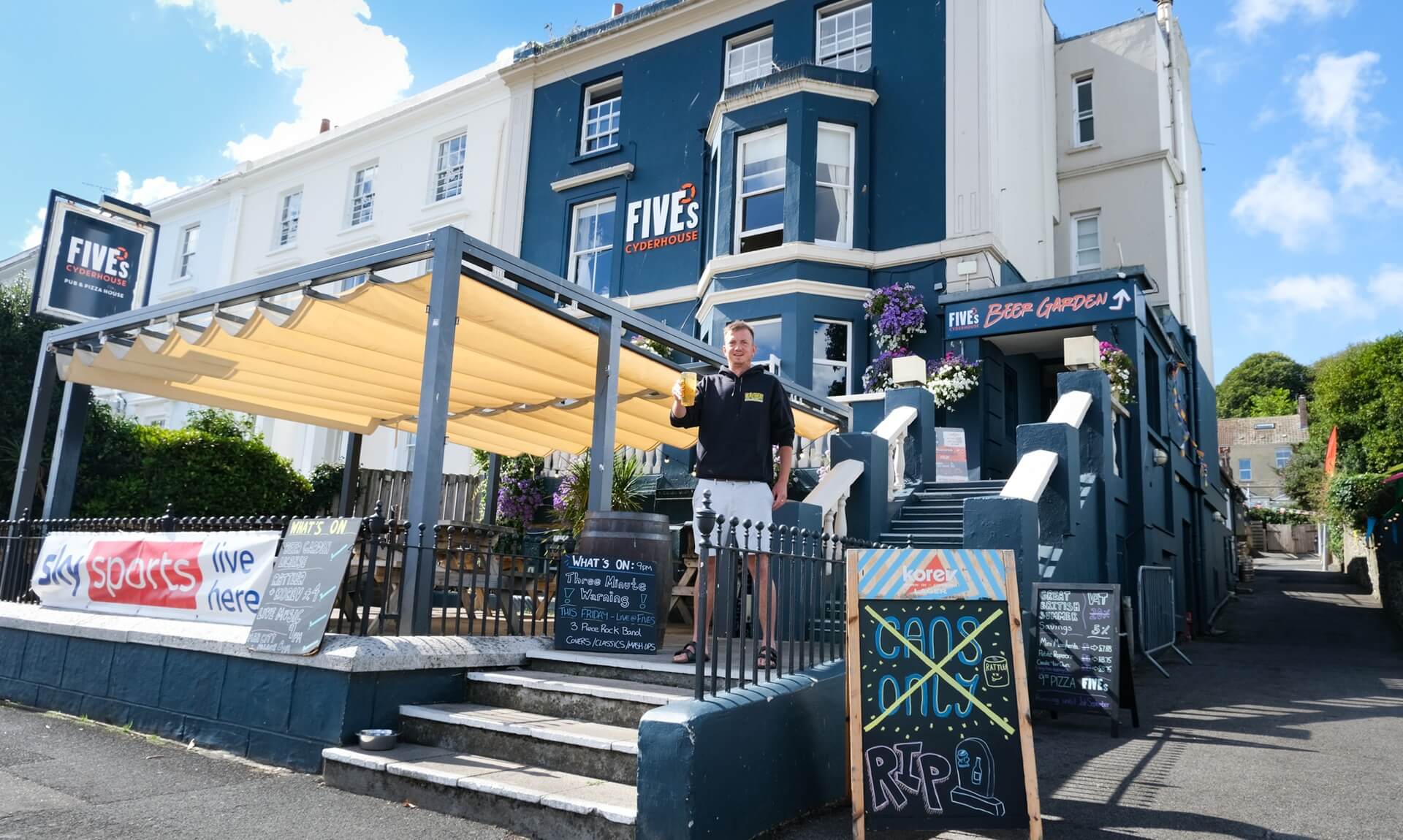 Fives Cyderhouse beer garden and pub exterior in Falmouth