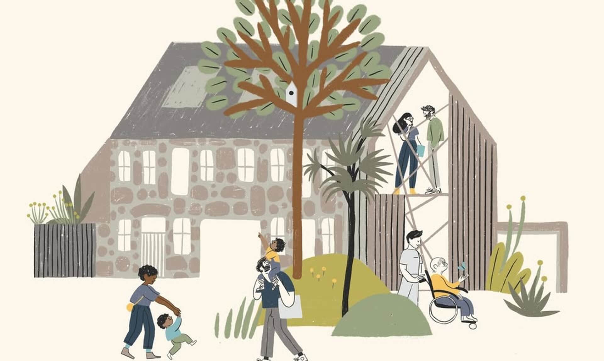 Illustration of the Gardeners' House in Morrab Gardens, Penzance, with people and a tree