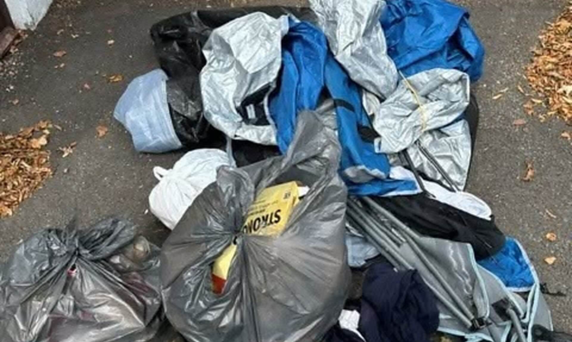 Bags of rubbish and a broken tent dumped at Golddiggings near Minions on Bodmin Moor