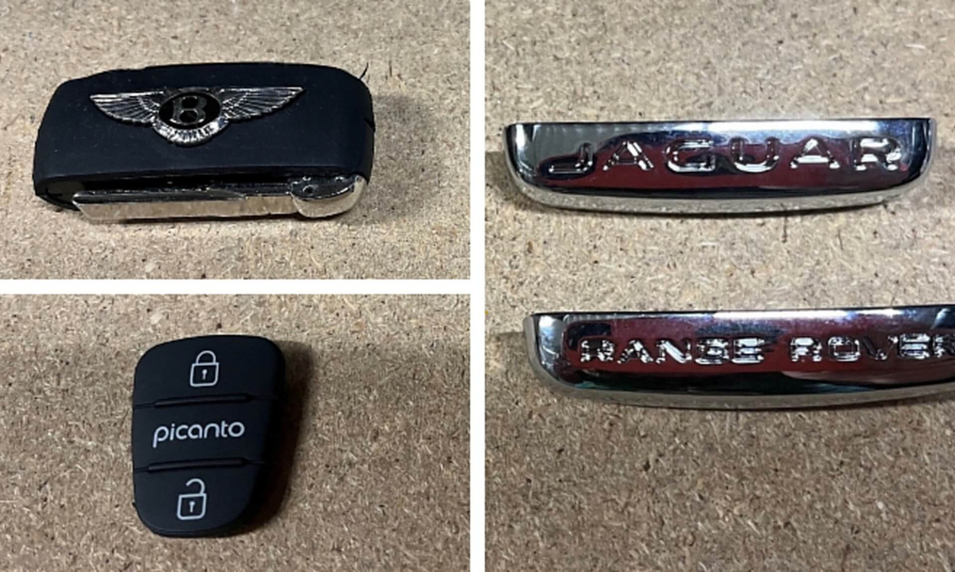 Counterfeit Bentley, Jaguar and Range Rover badges and a fake Kia Picanto key fob seized by Trading Standards