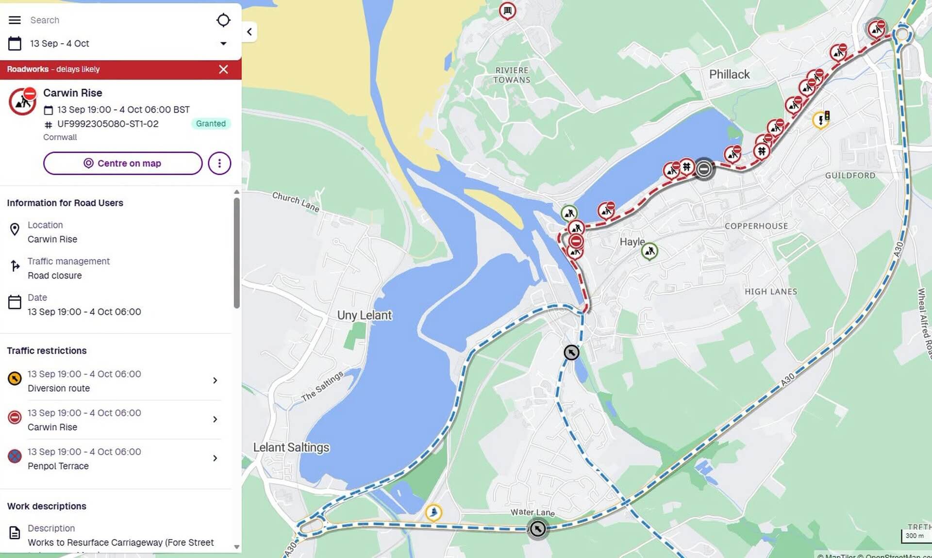Map showing the overnight road closure through Hayle town centre