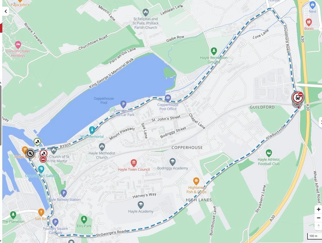 Map showing the Guildford Road closure and diversion route in Hayle