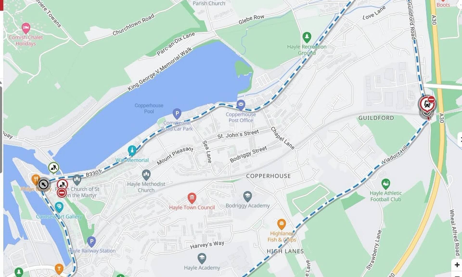 Map showing the Guildford Road closure and diversion route in Hayle