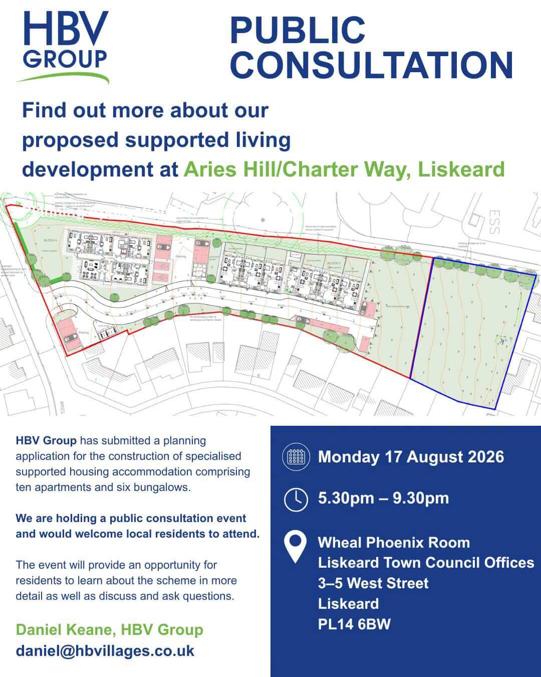 HBV Group public consultation flyer for the proposed supported living development at Aries Hill, Liskeard