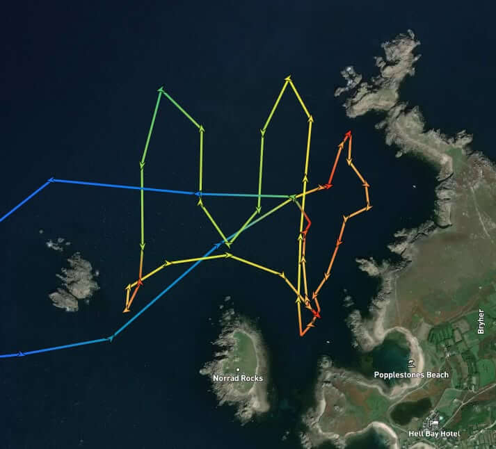 Chart plotter track showing the St Mary's lifeboat's search pattern across Hell Bay, Bryher, from Shipman Head to Popplestones