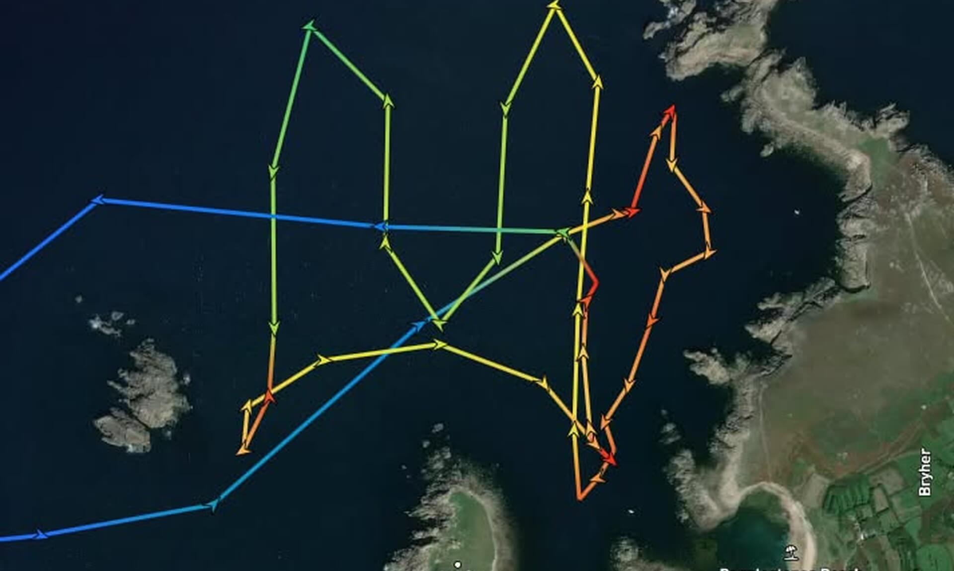 GPS track of the St Mary's RNLI lifeboat criss-crossing Hell Bay off Bryher during a night search