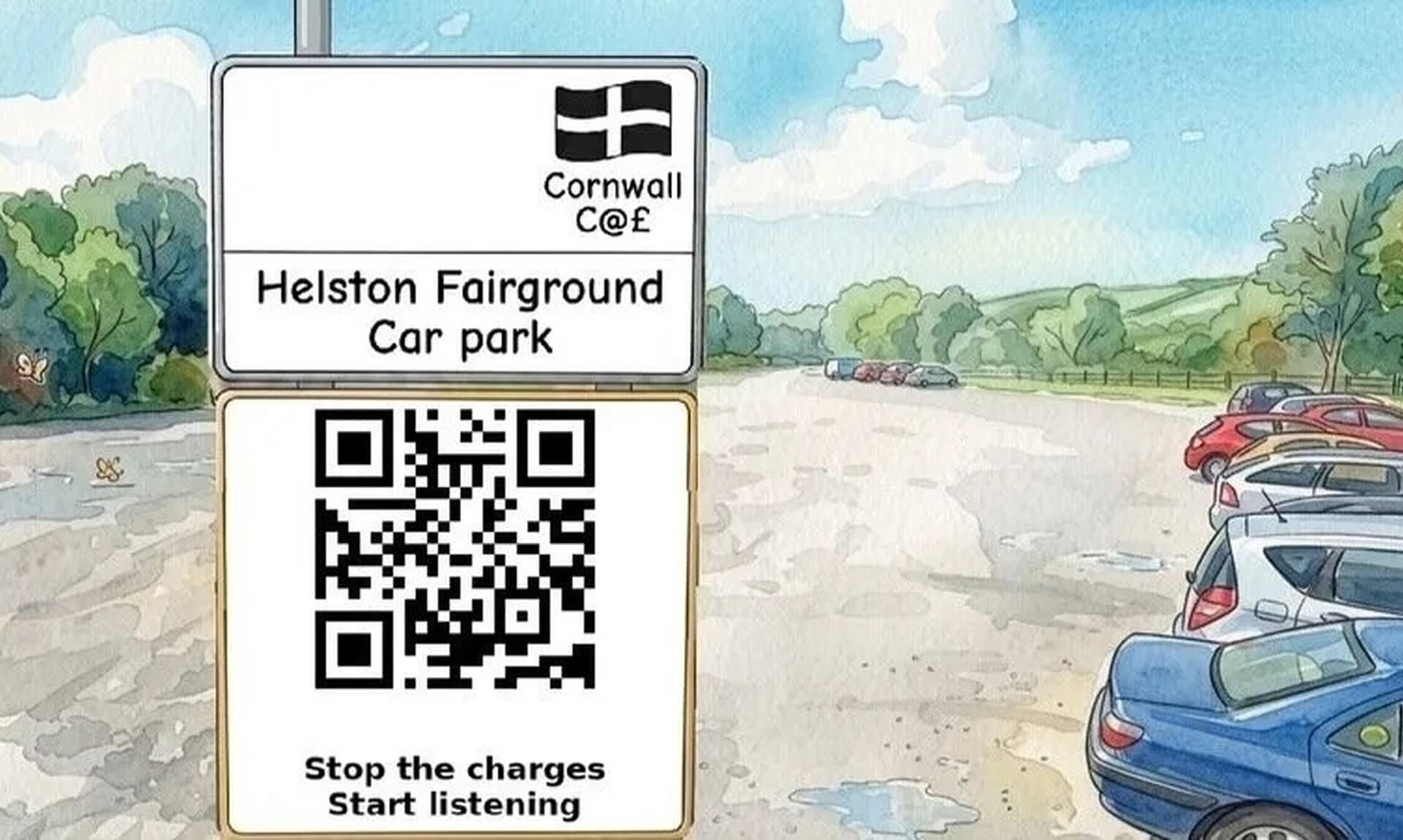 Helston Fairground Car Park sign with QR code for the parking charges petition